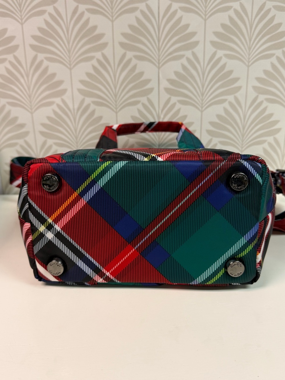 New Lug Dory Bag with Crossbody Strap in Red Plaid with Attached Key Holder - Picture 6 of 7